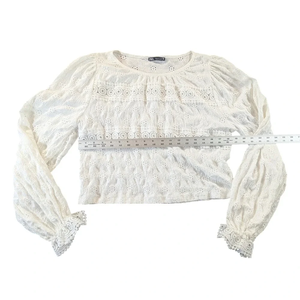 Zara White Eyelet Lace Crochet Boho Balloon‎ Sleeve Blouse Large